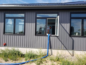 1500 gallon pumped through a window with brand new-casings and trim and flooring completed around the spa